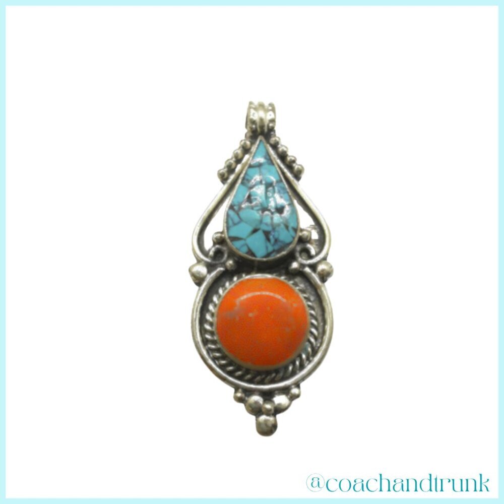 Turquoise Coral Inlay Artisan Ornate Metal Work Handcrafted Silver Pendant Only - Picture 2 of 2